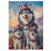 Alaskan Malamute Mom and Puppies in Patriotic Hats and Bows with Star Garland and Mountain Sunset Background on Ready to Hang 1.5" Thick Canvas Wrap, Floating Framed Canvas, Flat Rolled Canvas